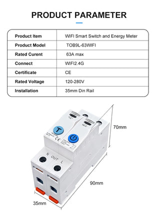 TOMZN TUYA 1-63A 1P 2P WIFI Smart Switch Energy Meter Circuit Breaker voltage current leakage temperature protection cut off L+N - Riparo82