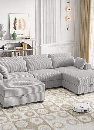 Divano modulare Anajqaqia, Divani da soggiorno, Divano in velluto con braccioli larghi, Poggiapiedi, Vari combinazioni, Velluto, Grigio