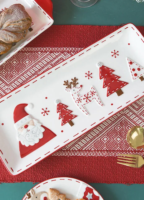 Piatto in ceramica per albero di Natale in rilievo nordico Piatto rettangolare creativo Stoviglie in porcellana Decorazioni natalizie Utensili da cucina per la casa - riparo82