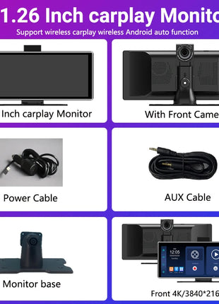 11.26 inch IPS Touch Screen Multimedia Video Player Portable 4K DVR Wireless CarPlay/Android Auto Dual Lens Driving Recorder - Riparo82