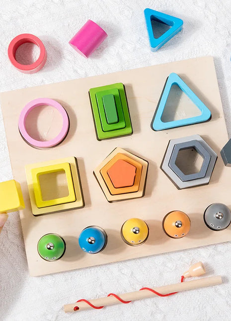 Classificazione cognitiva a forma di colore in legno Montessori che abbina i giocattoli educativi per l'apprendimento della pesca magnetica dei bambini - riparo82