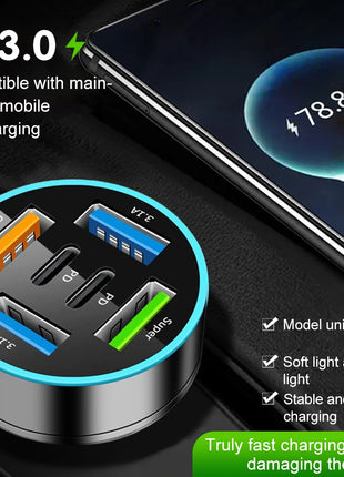 250W 5 Ports Car Charger Fast Charging PD QC3.0 USB C Car Phone Charger Adapter With Voltage For iPhone Samsung Huawei Xiaomi - Riparo82