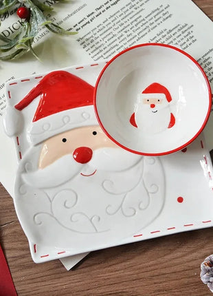 Set di stoviglie natalizie in ceramica dipinta a mano Simpatico piatto da bistecca natalizio Piatto piatto sottosmalto in rilievo - riparo82