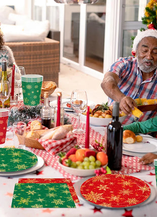 Piatti da tavola usa e getta natalizi Tovaglioli Tazze Fiocco di neve Piatto da dessert rosso verde per cena per forniture per feste invernali di buon Natale - riparo82