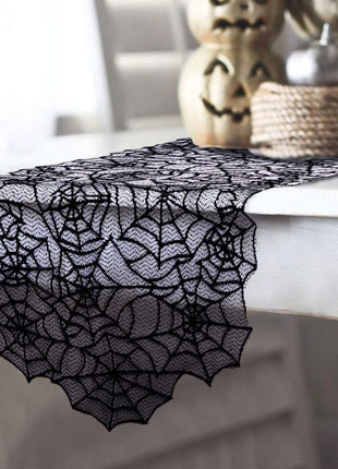 Halloween Decoration Black Spider Web Tablecloth Lace Table Runner Fireplace Cover Halloween Party Home Decor Haunted House Prop - Riparo82