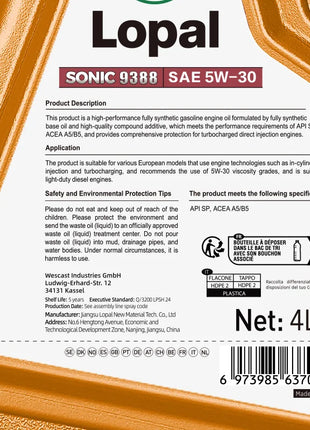 Lopal SONIC 9388 5W-30 A5/B5 SP 4L Olio motore per auto Protezione avanzata 4L Lubrificante Olio motore completamente sintetico per auto Europen
