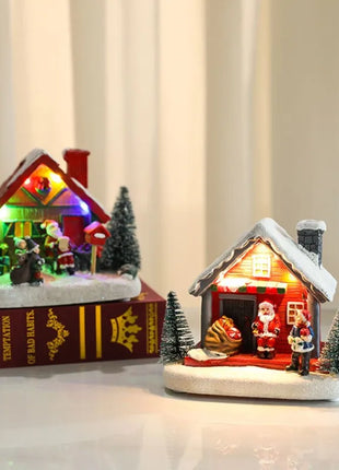 Winter Snow Christmas Village Building Santa House decorazione natalizia con Led Glow Desk Building Home Decor Holiday Ornament Gift