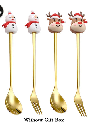 Cucchiaini da caffè e forchette per torte con decorazioni natalizie da 4 pezzi con ornamenti per bambole di Natale, set di posate in metallo dorato, forniture per feste - riparo82