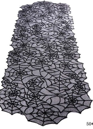 Halloween Decoration Black Spider Web Tablecloth Lace Table Runner Fireplace Cover Halloween Party Home Decor Haunted House Prop - Riparo82