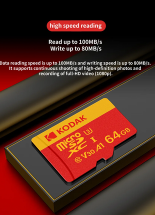 Kodak ad alta velocità   Scheda Micro SD U3 Classe 10, fino a 100 MB/s, scheda di memoria TF con adattatore - Disponibile in 32 GB, 64 GB e 128 GB