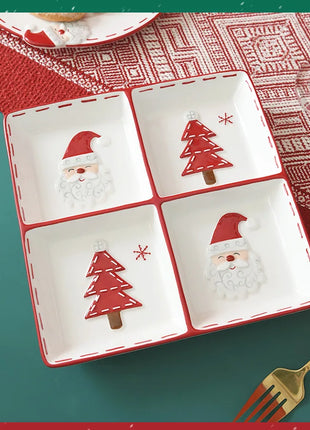 Vassoio in ceramica natalizio creativo Piatto piano a quattro sezioni Piatto da portata per alimenti Snack Frutta Piatto portaoggetti per la casa Stoviglie - riparo82