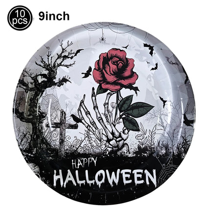 Halloween Theme Disposable Tableware Paper Plates Cups Straws Tablecloth Banner Spiral Cake Topper Happy Halloween Party Decor