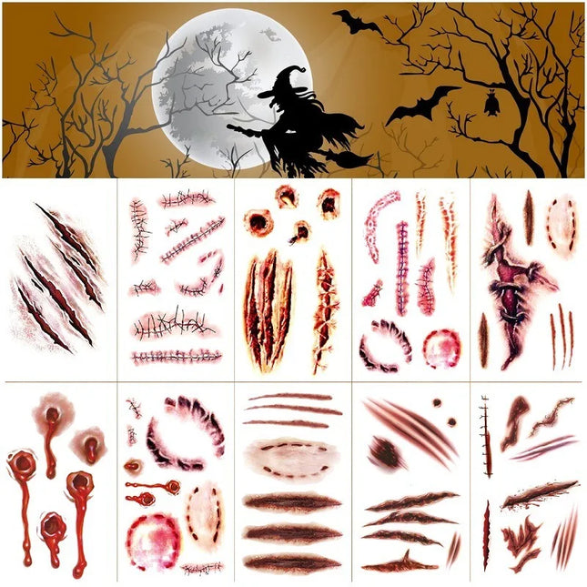 10pcs Halloween Bloody Wound Tattoo Stickers Trick Scary Waterproof Temporary Tattoo DIY Fake Tattoo Halloween Party Decoration