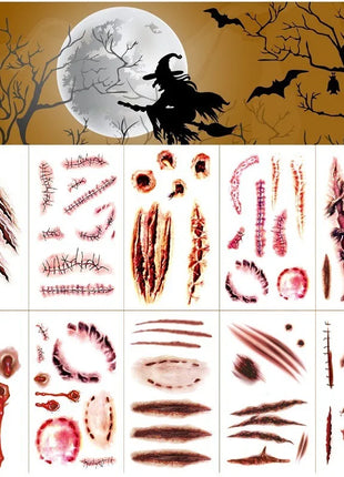10pcs Halloween Bloody Wound Tattoo Stickers Trick Scary Waterproof Temporary Tattoo DIY Fake Tattoo Halloween Party Decoration - Riparo82