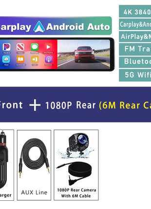 11.26" 4K 2160P Car Dvr Carplay Android Auto Dash Cam GPS WIFI BT FM Stream Rear View Mirror Dashcam Dvrs Camera Drive Recorder - Riparo82