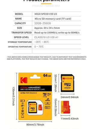 Kodak ad alta velocità   Scheda Micro SD U3 Classe 10, fino a 100 MB/s, scheda di memoria TF con adattatore - Disponibile in 32 GB, 64 GB e 128 GB
