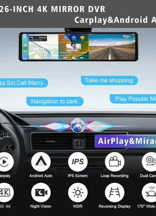 11.26" 4K 2160P Car Dvr Carplay Android Auto Dash Cam GPS WIFI BT FM Stream Rear View Mirror Dashcam Dvrs Camera Drive Recorder - Riparo82