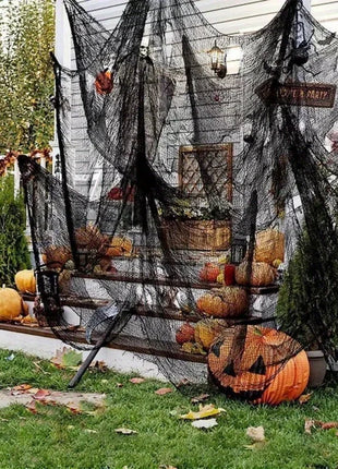 1/2/3pcs black coarse mesh spider web hanging cloth with skeleton bat silhouette for Halloween scary haunted house decoration - Riparo82