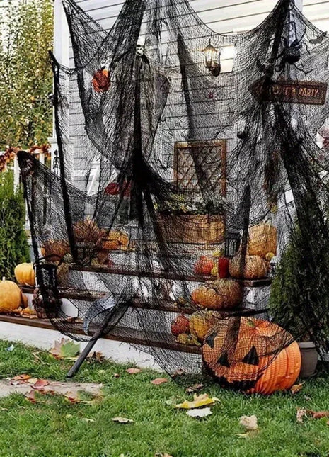 1/2/3pcs black coarse mesh spider web hanging cloth with skeleton bat silhouette for Halloween scary haunted house decoration - Riparo82