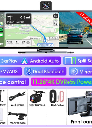 11.26 inch Dash Cam Car DVR 4K Camera Wireless Carplay Android Auto Touch Screen Dual Len Video Recorder Dashboard BT FM AUX GPS - Riparo82