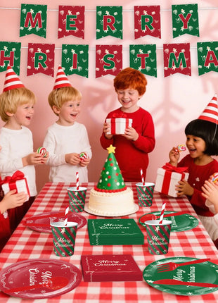 Stoviglie usa e getta a tema natalizio Piatti di carta rosso verde Tazze Tovaglioli Tovaglia Forniture per decorazioni per feste di buon Natale - riparo82