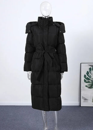 Cappotto lungo in cotone con cappuccio trapuntato imbottito da donna caldo Colletto alla coreana solido allentato Cappotti con cerniera con lacci 2025 Capispalla invernale da donna