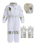 Costume da astronauta americano per bambini, costume da astronauta, stampa deluxe, cartone animato, bianco, tuta, gioco di ruolo di Halloween, guanti da avventura, set di cappelli