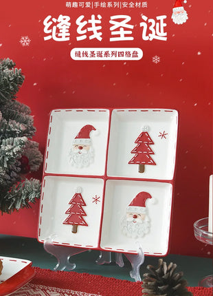 Vassoio in ceramica natalizio creativo Piatto piano a quattro sezioni Piatto da portata per alimenti Snack Frutta Piatto portaoggetti per la casa Stoviglie - riparo82