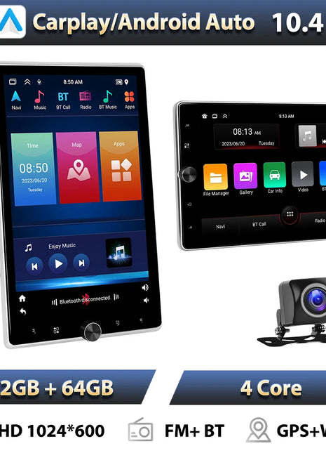 Podofo 10.4" Vertical Rotatable Screen Android Car Radio 1 Din 2+64G Wireless Carplay Android Auto GPS 1Din Multimedia Autoradio - Riparo82