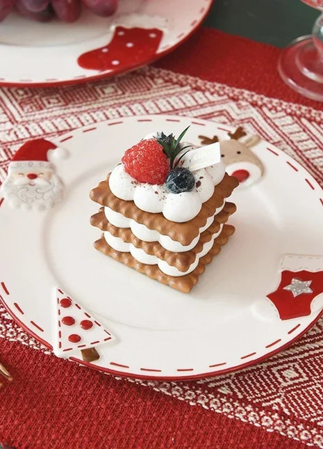 Piatto natalizio in ceramica Piatto rotondo creativo in rilievo di Babbo Natale Piatto da pranzo occidentale Torta Piatto da dessert Piatto da tavola natalizio - riparo82