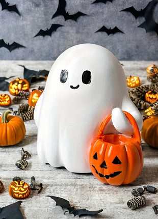 Halloween Desktop Ornament Figurine Ghost Holding Pumpkin Model Statue Tabletop Ornament for Halloween Party Home Decoration Toy - Riparo82