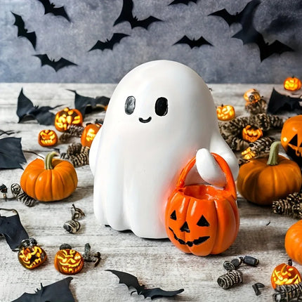 Halloween Desktop Ornament Figurine Ghost Holding Pumpkin Model Statue Tabletop Ornament for Halloween Party Home Decoration Toy