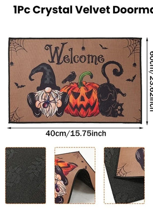 Halloween Crystal Velvet Front Doormat Non Slip Rubber Rug Farmhouse Decor Pumpkin Doormat Trick or Treat Party Supplies - Riparo82
