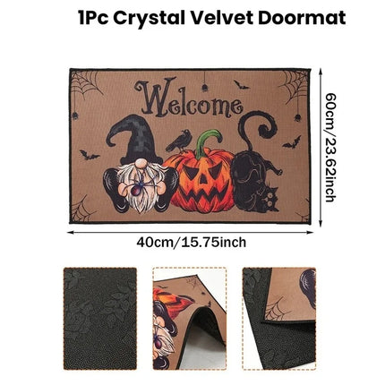 Halloween Crystal Velvet Front Doormat Non Slip Rubber Rug Farmhouse Decor Pumpkin Doormat Trick or Treat Party Supplies