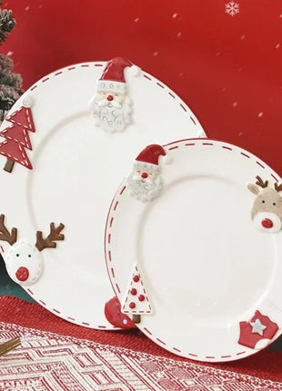 Piatto natalizio in ceramica Piatto rotondo creativo in rilievo di Babbo Natale Piatto da pranzo occidentale Torta Piatto da dessert Piatto da tavola natalizio - riparo82