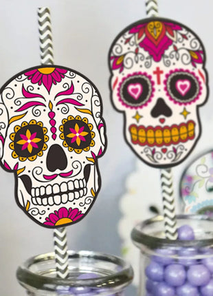 24Pcs Skull Paper Drinking Straw Cocktail Juice Disposable Straws Tableware for Mexican Day of The Dead Halloween Party Decor - Riparo82