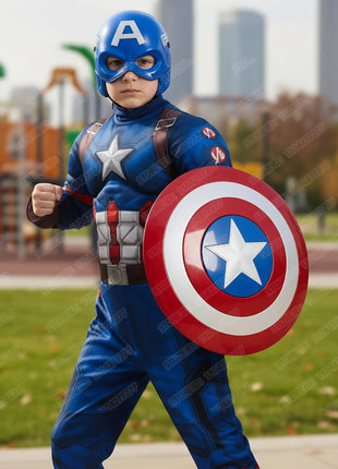 Costume da tuta muscolare Capitan America Costume da supereroe Maschera cosplay Tuta Scudo Costume da festa di carnevale di Halloween per bambini