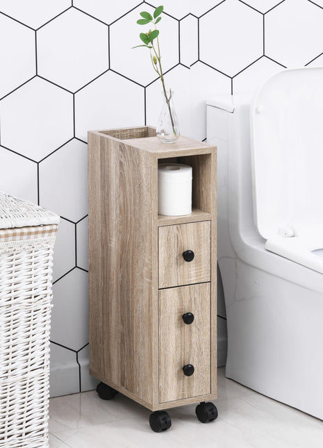 Kleankin Mobiletto da bagno Mobili da bagno con ruote universali 2 Freni Ripiani Mobiletto Cassetto 18X30X68,5 cm Legno di quercia