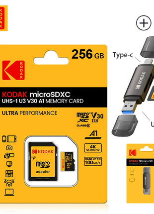 Scheda Micro Sd KODAK con lettore di schede Scheda di memoria Microsd ad alta velocità da 128 GB 256 GB Scheda TF video HD per droni DJI Pocket Cams