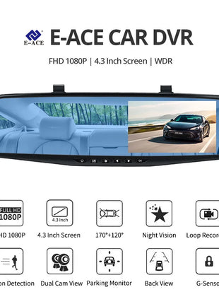 Dash Cam 4.3 inch "mini rear-view mirror digital dashcam, front and rear dual cameras IPS Front and Rear Camera Registrar Black - Riparo82