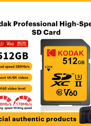 Scheda SD Kodak V90/V60/V30 Scheda di memoria per fotocamera professionale Velocità di lettura fino a 280 MB/s 128 GB 256 GB 512 GB SDXC UHS II Supporto 4K 8K