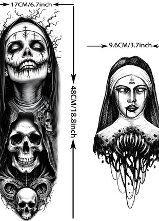 1 Sheet Full Arm Evil Witch Vampire Temporary Tattoos Sleeve Halloween Scary Skull Tatoo Waterproof Horrible Fake Tattoo Sticker - Riparo82