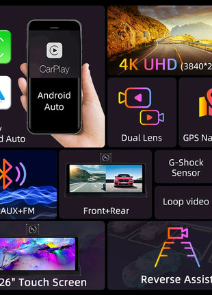 10.26" 4K Dash Cam Carplay Android Auto GPS 5G WIFI FM BT Car Dvr 350 ° Rotation Dual Lens Dashcam Truck Camera Drive Recorder - Riparo82