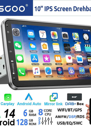 ESSSGOO 8-Core 360° Rotating Touchscreen Android 14 6+128G Wireless Apple Carplay Car Stereo 1 DIN GPS Navi 4G WiFi AM FM BT RDS