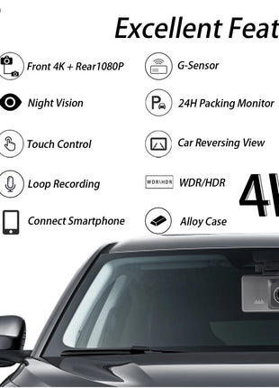 DashCam 4K for car Camera Front and Rear DVR with Reversing Touch Screen 24h Parking G-sensor with 64GB Card - Riparo82