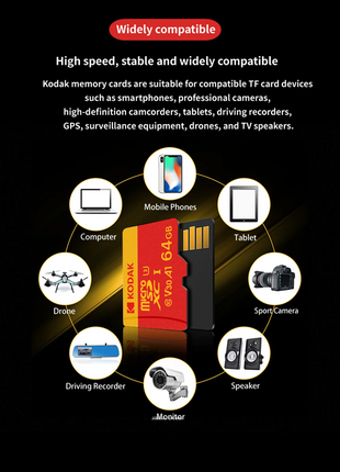 Kodak ad alta velocità   Scheda Micro SD U3 Classe 10, fino a 100 MB/s, scheda di memoria TF con adattatore - Disponibile in 32 GB, 64 GB e 128 GB