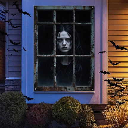 Halloween Curtain Backdrop with Female Ghost Design used for Creating A Terrifying Atmosphere In Indoor/Outdoor Party Decor