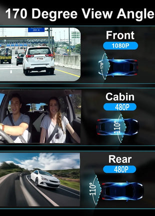 3-Channel Dash Cam Front Interior Rear 1080P Camera Recording WiFi Night Vision 170° Wide-Angle G-Sensor Loop Recording for Cars - Riparo82