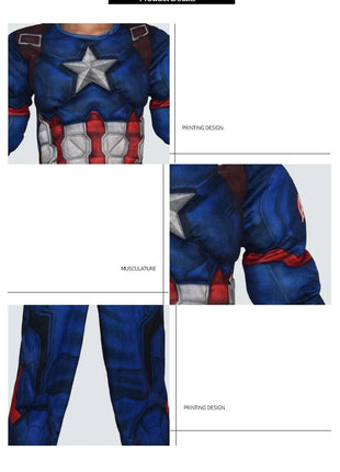 Costume da tuta muscolare Capitan America Costume da supereroe Maschera cosplay Tuta Scudo Costume da festa di carnevale di Halloween per bambini