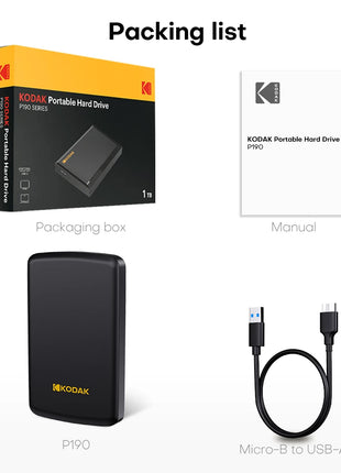 Disco rigido HDD esterno portatile Kodak Disco rigido esterno USB 3.0 da 5 Gbps 500G 1 TB Archiviazione di grande capacità PS4/Xbox/PC e video 4K